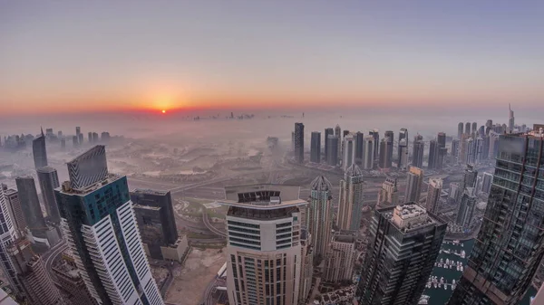 Panorama Dubai Marina Jlt Skyscrapers Golf Course Sunrise Timelapse Dubai — Stock Photo, Image
