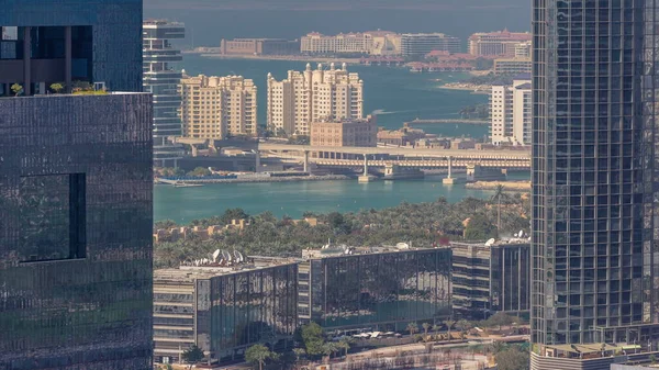 Vista Aérea Dubai Internet City Com Palmeira Ilha Edifícios Timelapse — Fotografia de Stock