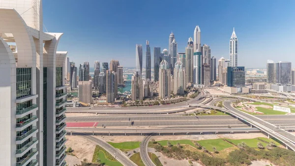 Dubai Marina Autópálya Kereszteződés Spagetti Csomópont Timelapse Legmagasabb Felhőkarcolók Háttérben — Stock Fotó