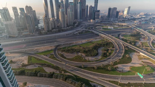 Dubai Marina Autópálya Kereszteződés Spagetti Csomópont Timelapse Legmagasabb Felhőkarcolók Háttérben — Stock Fotó