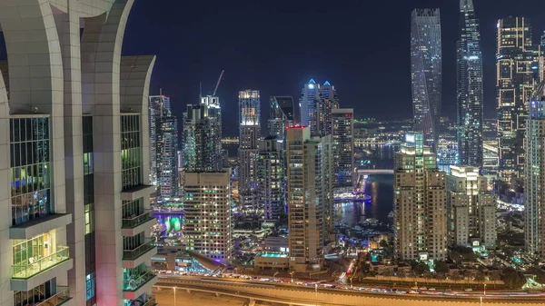 Skyscrapers Dubai Marina Illuminated Highest Residential Buildings Night Timelapse Lights — Stock Photo, Image