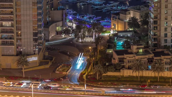 Aerial View Circle Road Intersection Skyscrapers Floating Yachts Boats Night — Stock Photo, Image