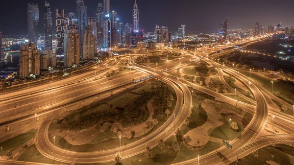 Panorama Dubai Marina Cruce Intersección Carretera Espaguetis Durante Toda Noche —  Fotos de Stock