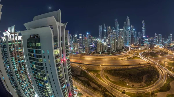 Dubai Marina Autobahn Kreuzung Spaghetti Kreuzung Nacht Zeitraffer Die Höchsten — Stockfoto