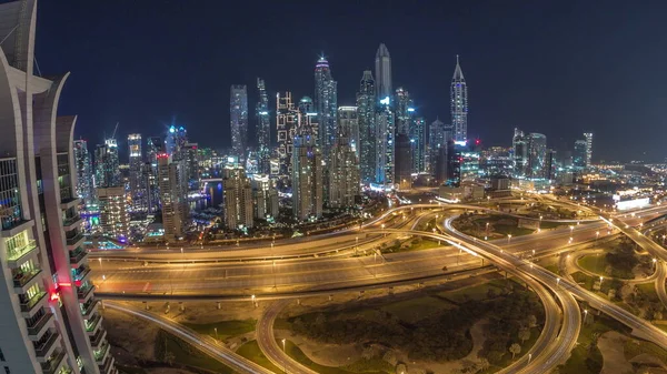 Skrzyżowanie Autostrad Dubai Marina Spaghetti Przez Całą Noc Wyłączonymi Światłami — Zdjęcie stockowe