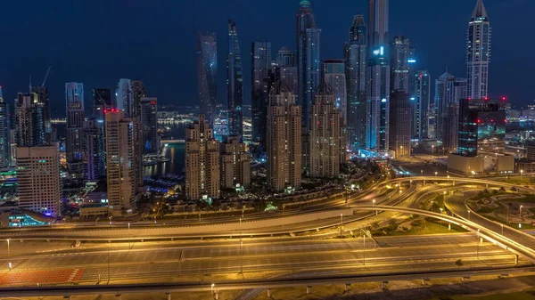 Dubai Marina Intersección Carretera Espagueti Cruce Noche Día Timelapse Transición —  Fotos de Stock