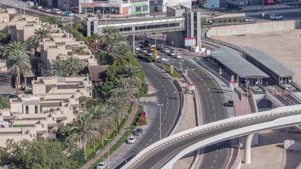 Estación Tranvía Dubai Marina Con Puente Peatonal Timelapse Aéreo Tráfico — Foto de Stock