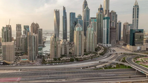 Dubai Marina Highway Intersection Spaghetti Junction Evening Timelapse Tallest Skyscrapers — Stock Photo, Image