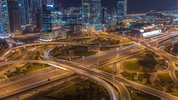 Aerial View Big Highway Intersection Night Timelapse Dubai Marina Media — Stock Photo, Image