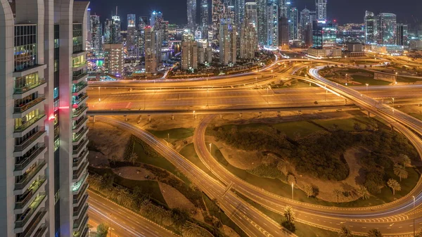 Panorama Dubai Marina Carretera Intersección Espagueti Cruce Noche Timelapse Rascacielos —  Fotos de Stock