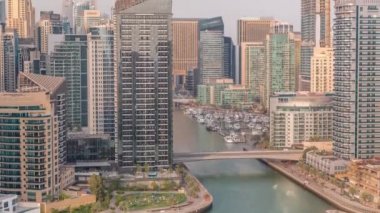 Dubai Marina 'da limana park etmiş çok sayıda tekne ve yat ve kanalın etrafında gökdelenler var..