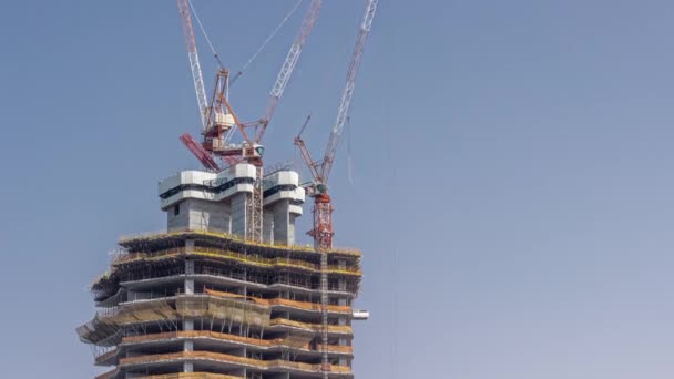 Строительство высотного здания. Сайт с кранами против голубого неба — стоковое видео