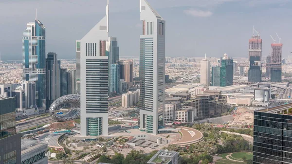 Pohled Emirates Towers Sheikh Zayed Road Aerial Timelapse Mrakodrapy Finanční — Stock fotografie
