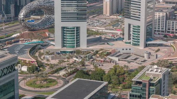 Emirates Towers Музеем Будущего Дорогой Шейха Зайеда Небоскрёбы Финансового Района — стоковое фото