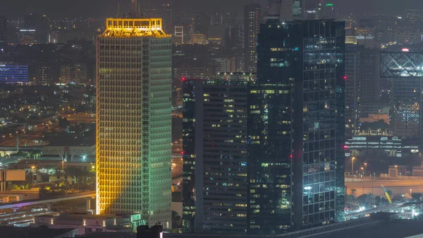 Vista Aérea Arranha Céus Iluminados Com Centro Comércio Mundial Dubai — Fotografia de Stock