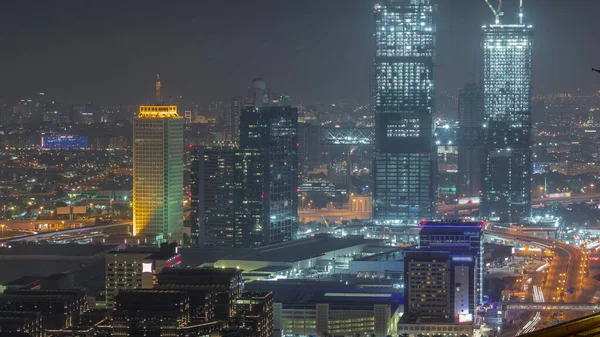 Vista Aérea Rascacielos Iluminados Con World Trade Center Dubai Noche —  Fotos de Stock