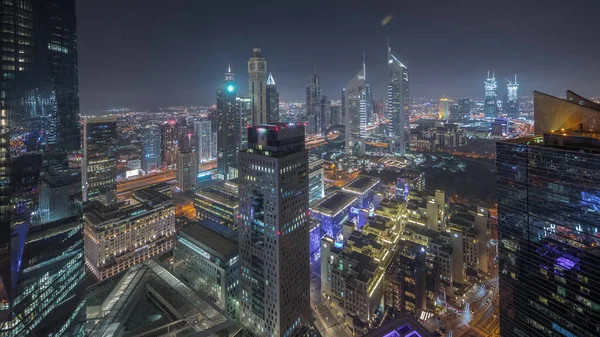 Панорама Футуристических Небоскребов Деловом Центре Финансового Района Дубае Улице Шейх — стоковое фото