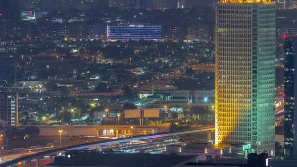 Aerial View Illuminated Skyscrapers World Trade Center Dubai Night Timelapse — Stock Photo, Image