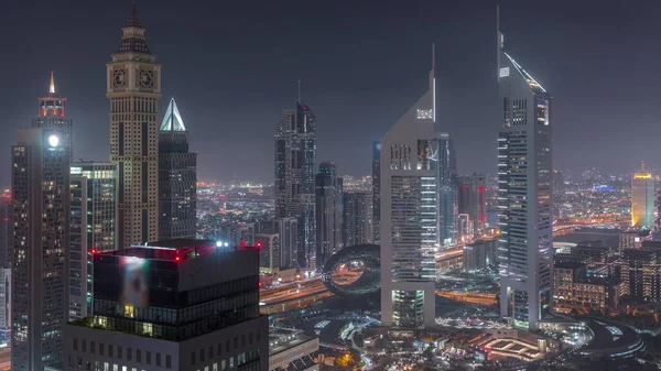 Felhőkarcolók Sheikh Zayed Road Difc Éjszakai Időszámításai Dubaiban Egyesült Arab — Stock Fotó