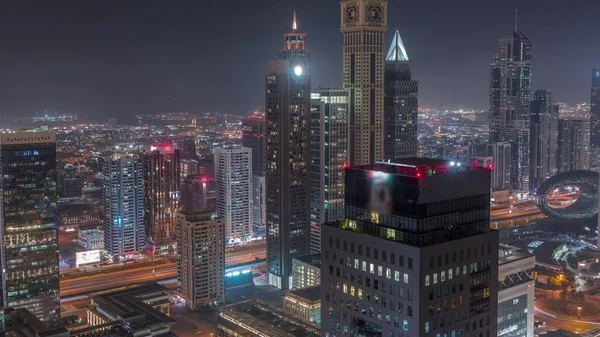 Skyscrapers Sheikh Zayed Road Difc Night Timelapse Dubai Uae Towers — Stock Photo, Image