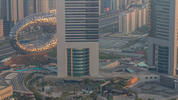 Dubai Museum Future Exterior Design Aerial Timelapse Early Morning Sunrise — Stock Photo, Image