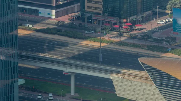 Drukke Sheikh Zayed Wegverkeer Luchtfoto Metro Trein Moderne Wolkenkrabbers Rond — Stockfoto