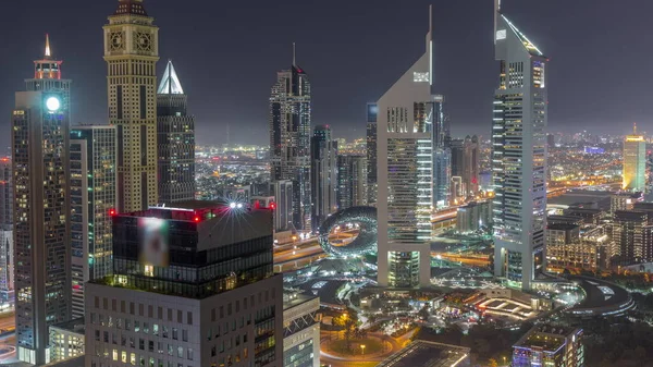 Mrakodrapy Sheikh Zayed Road Difc Durind Celou Noc Timelapse Dubaji — Stock fotografie