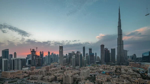 Dubaj Downtown Panorama Den Noc Přechod Timelapse Nejvyšší Mrakodrap Další — Stock fotografie