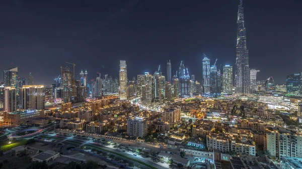 Dubai Downtown Nocy Timelapse Najwyższym Drapaczem Chmur Innych Podświetlanych Wież — Zdjęcie stockowe