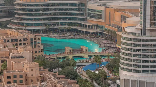 Shopping Mall Exterior Reataurants Fountain Dubai Downtown Aerial Timelapse United — Stock Photo, Image
