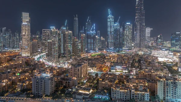 Dubai Downtown Night Timelapse Найвищими Хмарочосами Іншими Освітленими Вежами Які — стокове фото