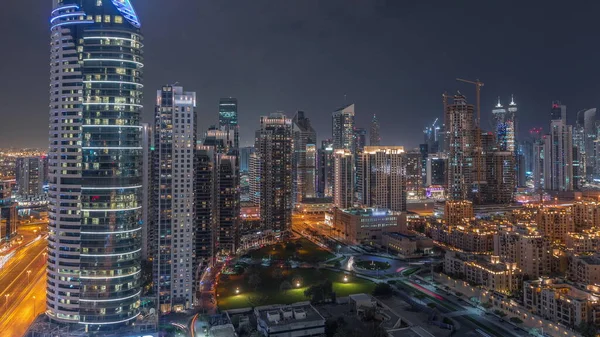 Baía Negócios Dubai Torres Aéreas Noite Timelapse Vista Para Telhado — Fotografia de Stock