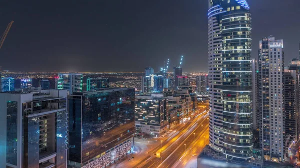 Escritório Baía Negócios Dubai Torres Aéreas Noite Timelapse Com Tráfego — Fotografia de Stock