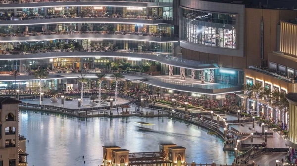 Centro Comercial Exterior Con Reataurantes Cerca Fuente Centro Dubai Timelapse — Foto de Stock
