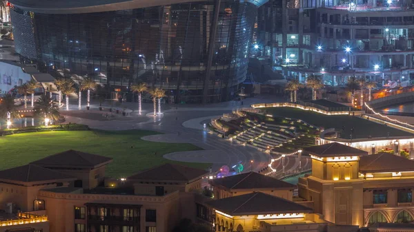 Légi Kilátás Park Zöld Gyeppel Dubai Belvárosában Timelapse Városkép Felhőkarcolókkal — Stock Fotó