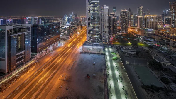 Bahía Negocios Dubai Torres Del Centro Noche Aérea Timelapse Panorámica —  Fotos de Stock