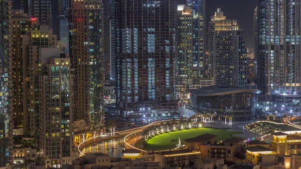 Futuristic Aerial Night Cityscape Timelapse Illuminated Architecture Dubai Downtown Many — Stock Photo, Image
