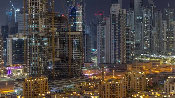 Zatoka Biznesowa Dubaju Wieże Lotnicze Nocy Timelapse Widok Dach Niektórych — Zdjęcie stockowe