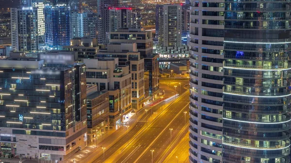 Ufficio Business Bay Dubai Torri Ricorrenti Timelapse Notte Aerea Vista — Foto Stock