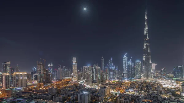 Dubaï Centre Ville Toute Nuit Avec Lune Lumières Éteintes Timelapse — Photo