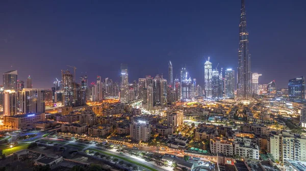 Dubai Downtown Night Day Transition Timelapse Med Reflektioner Över Den — Stockfoto