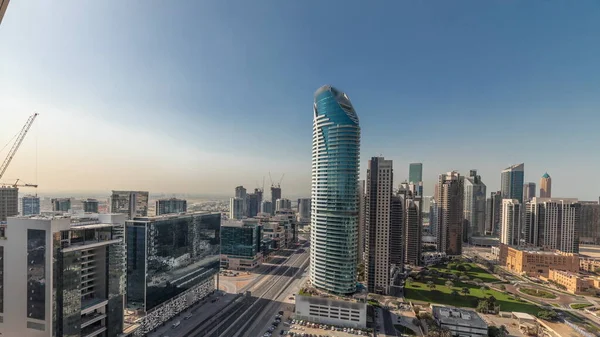 Panorama Visar Dubais Affärscenter Och Centrala Torn Flygande Morgon Timelapse — Stockfoto