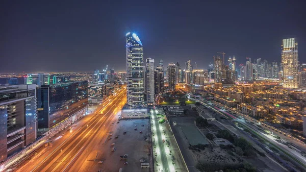 Business Bay Towers Του Ντουμπάι Πανόραμα Εναέρια Νύχτα Timelapse Rooftop — Φωτογραφία Αρχείου