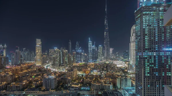 Panorama Ukazuje Dubaj Downtown Business Bay Noční Timelapse Nejvyšší Mrakodrap — Stock fotografie
