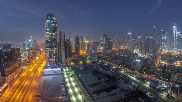 Panorama Dubaje Obchodní Zátoka Věže Letecké Noci Den Přechodový Čas — Stock fotografie