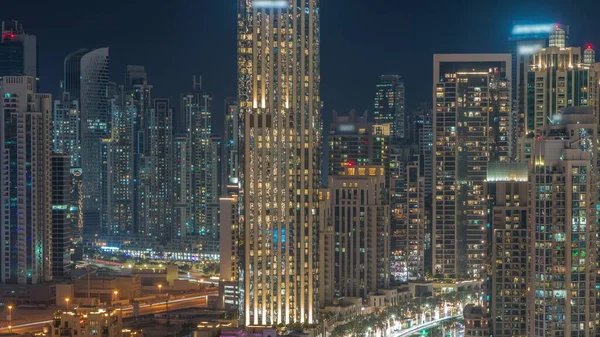 Футуристический Пейзаж Города Ночное Время Освещенной Архитектурой Центра Дубая Бизнес — стоковое фото