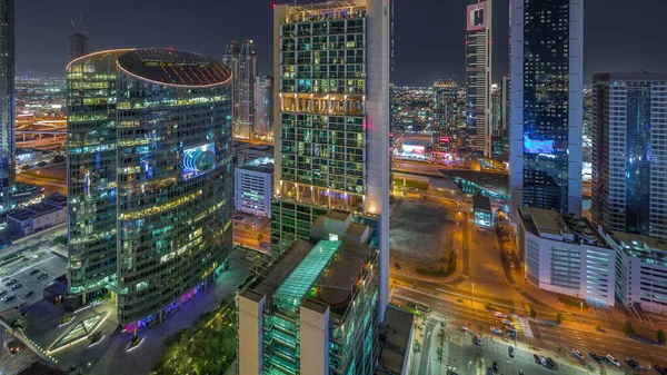 Международный Финансовый Центр Дубая Небоскребы Воздушных Ночей Timelapse Освещённые Башни — стоковое фото