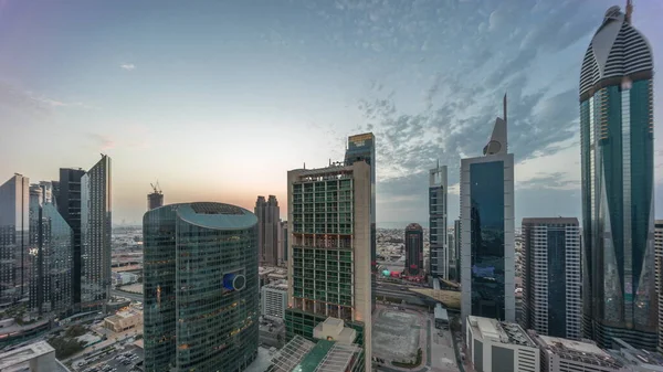 Dubai International Financial Center Drapacze Chmur Powietrzne Dzień Noc Przejścia — Zdjęcie stockowe