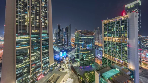 Dubai International Financial Center Skyscrapers Promenade Gate Avenue Aerial Night — Stock Photo, Image