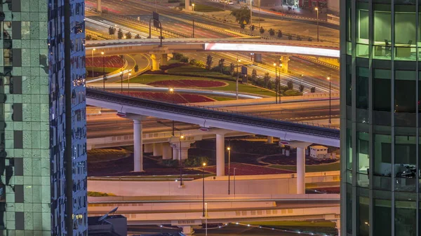 Vista Aérea Gran Intersección Con Muchos Transportes Tráfico Nocturno Timelapse —  Fotos de Stock